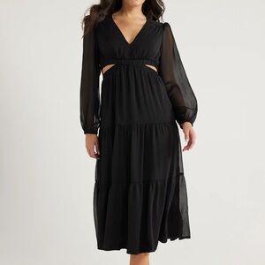 Cutout black Maxi Dress w/ Long Chiffon Sleeves NWT size SMALL tiered skirt